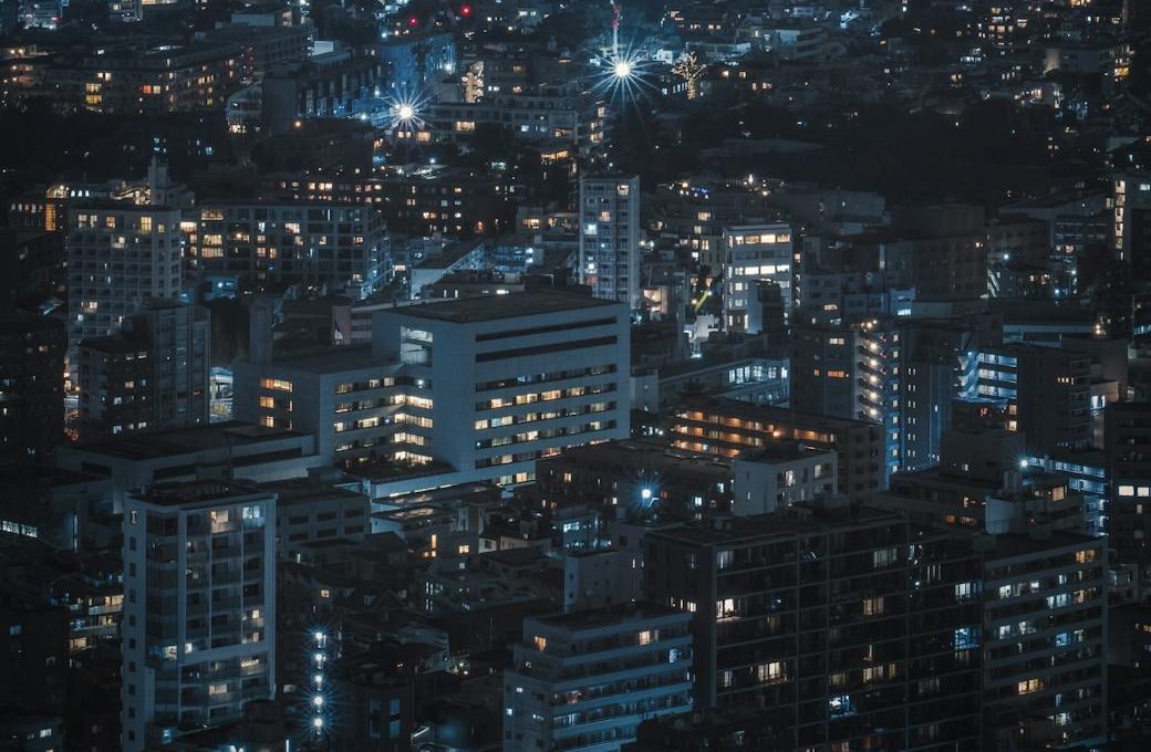 aerial view of a city at night