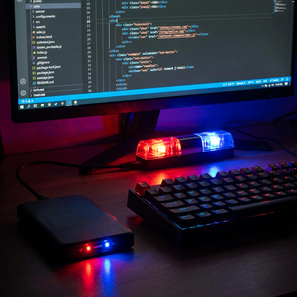 Computer monitor displaying code next to a miniature red and blue emergency siren light bar.