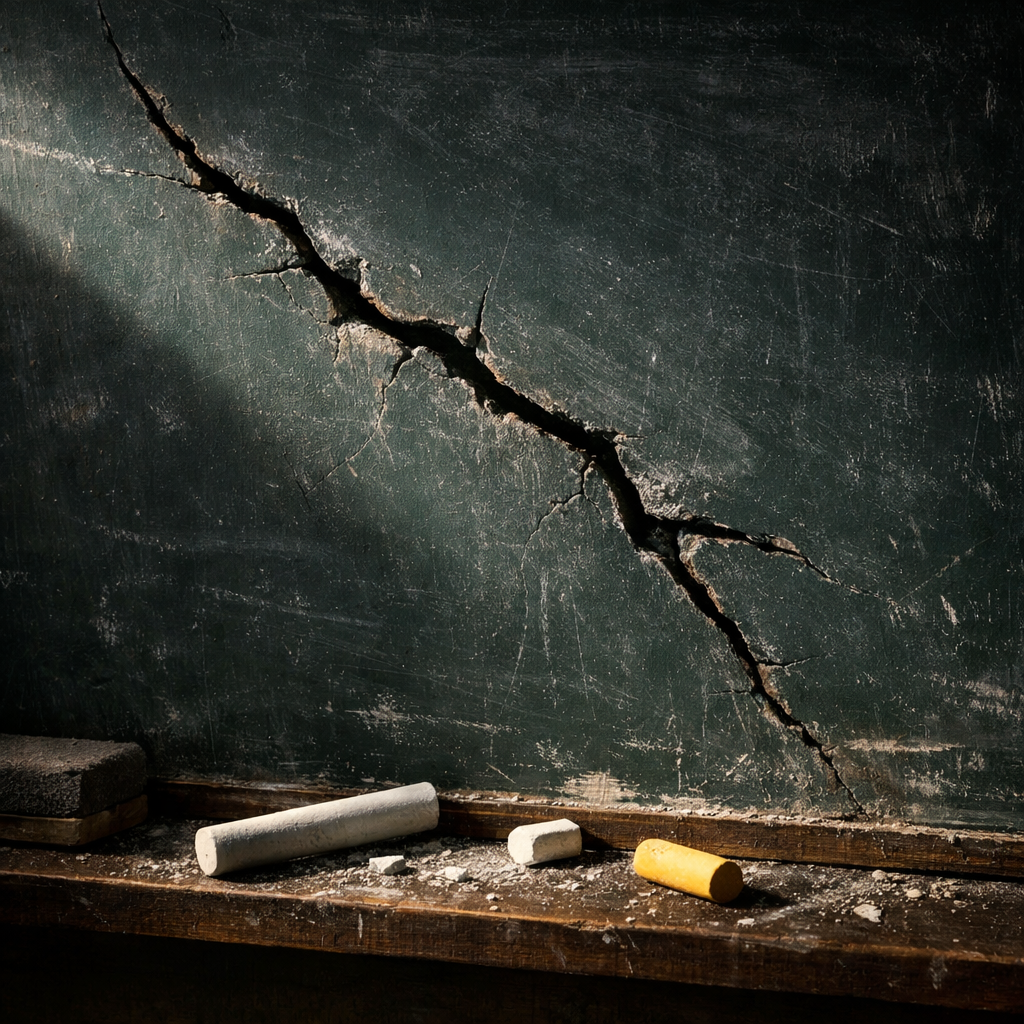 Cracked green chalkboard with pieces of white and yellow chalk on wooden ledge