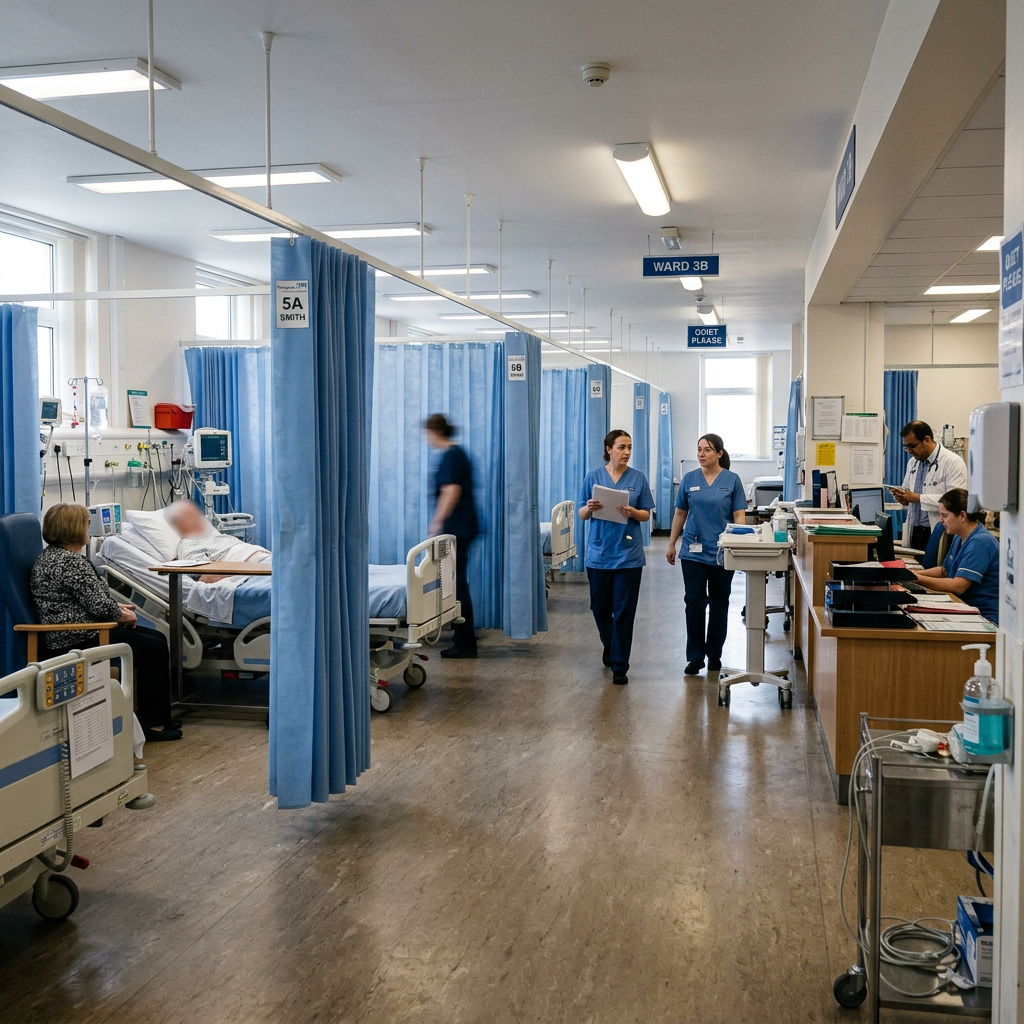 Hospital ward with patients in beds separated by blue curtains and nurses walking the hallway