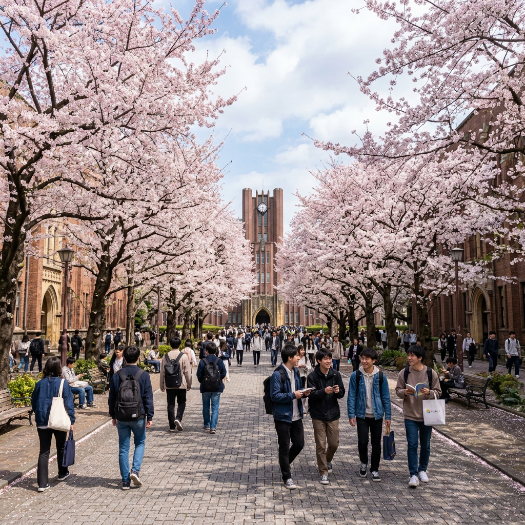 Students walking along a tree-lined university path with pink cherry blossoms in full bloom