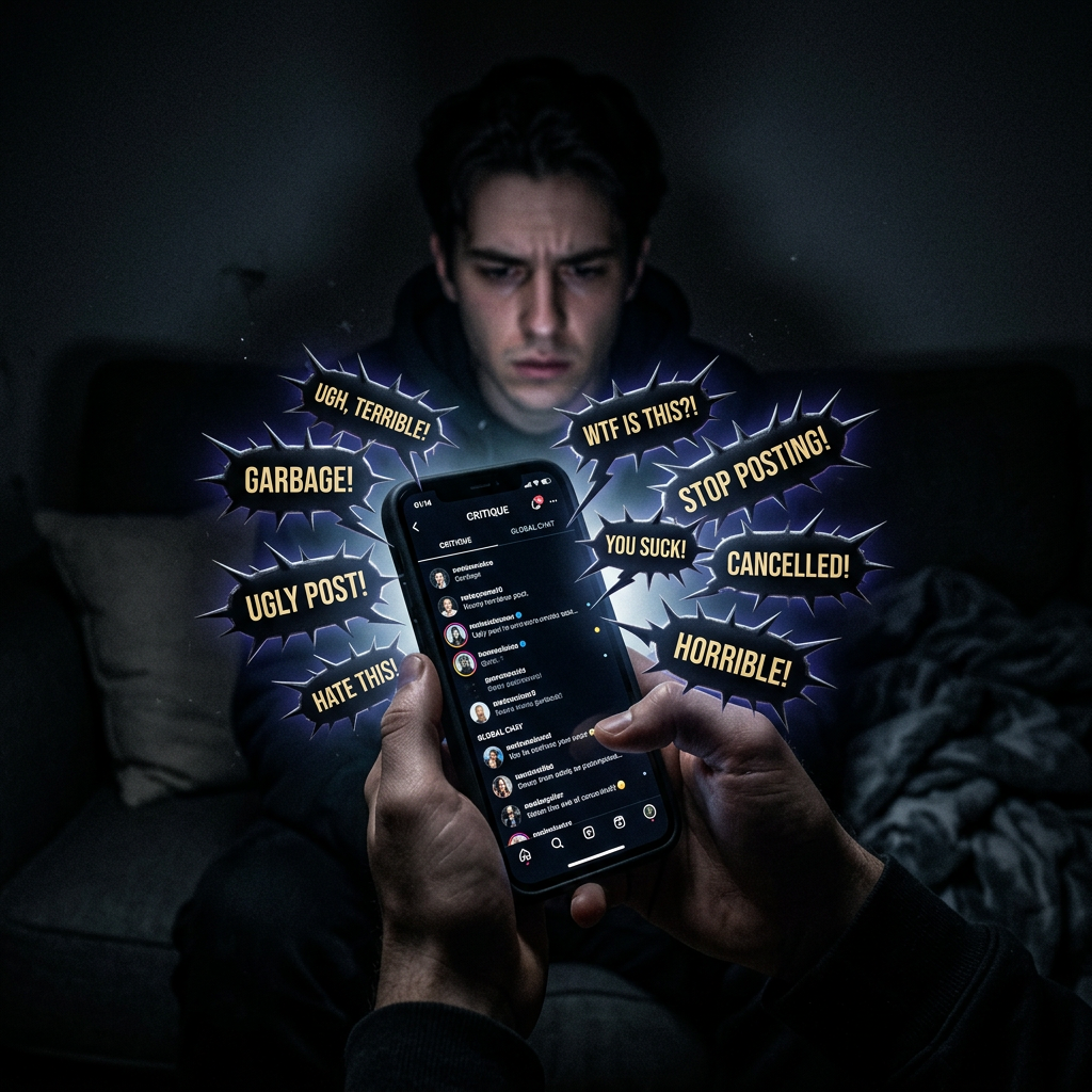 Young man distressed by negative social media comments on phone