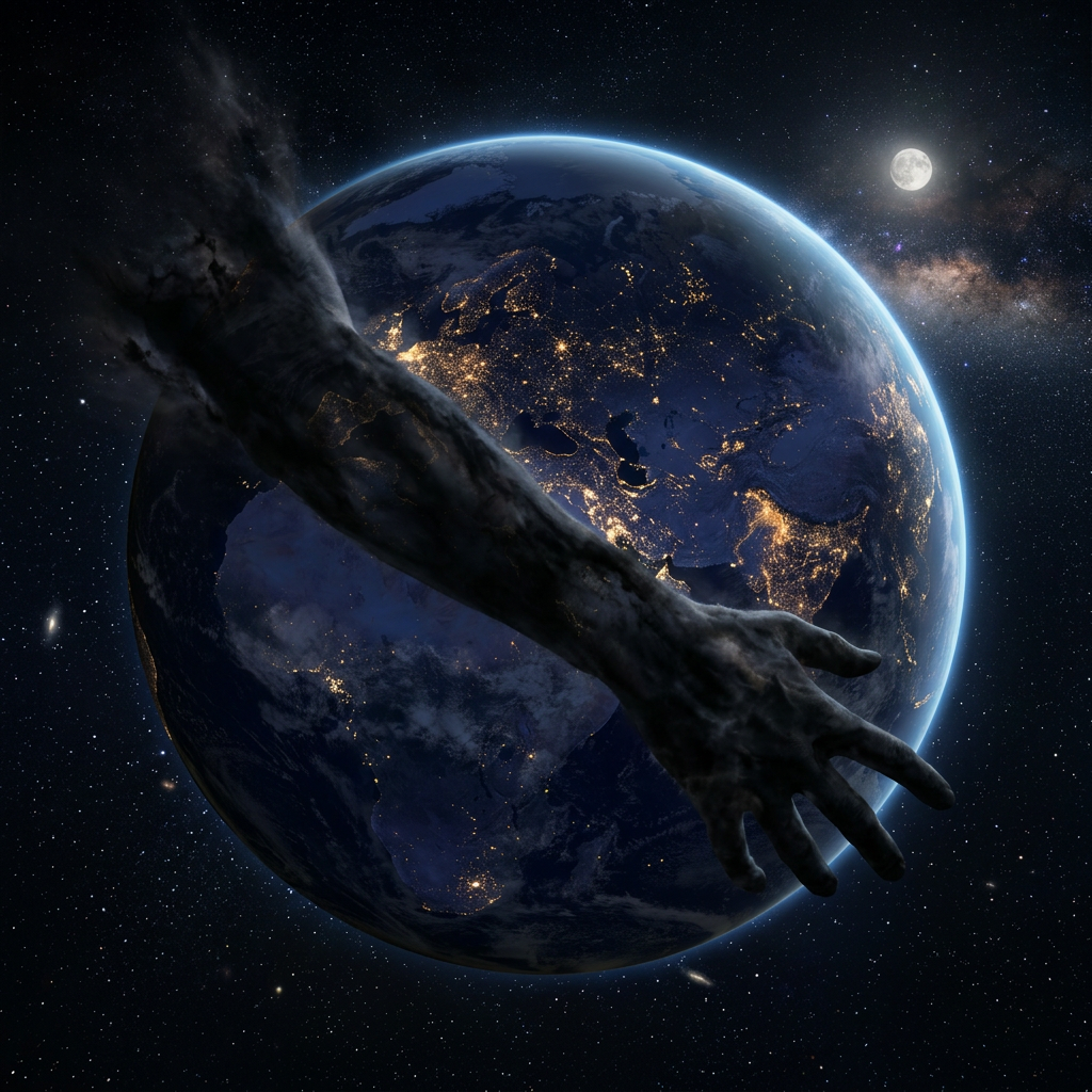 Dark smoky arm extending across illuminated Earth with city lights visible, space background with stars and Moon