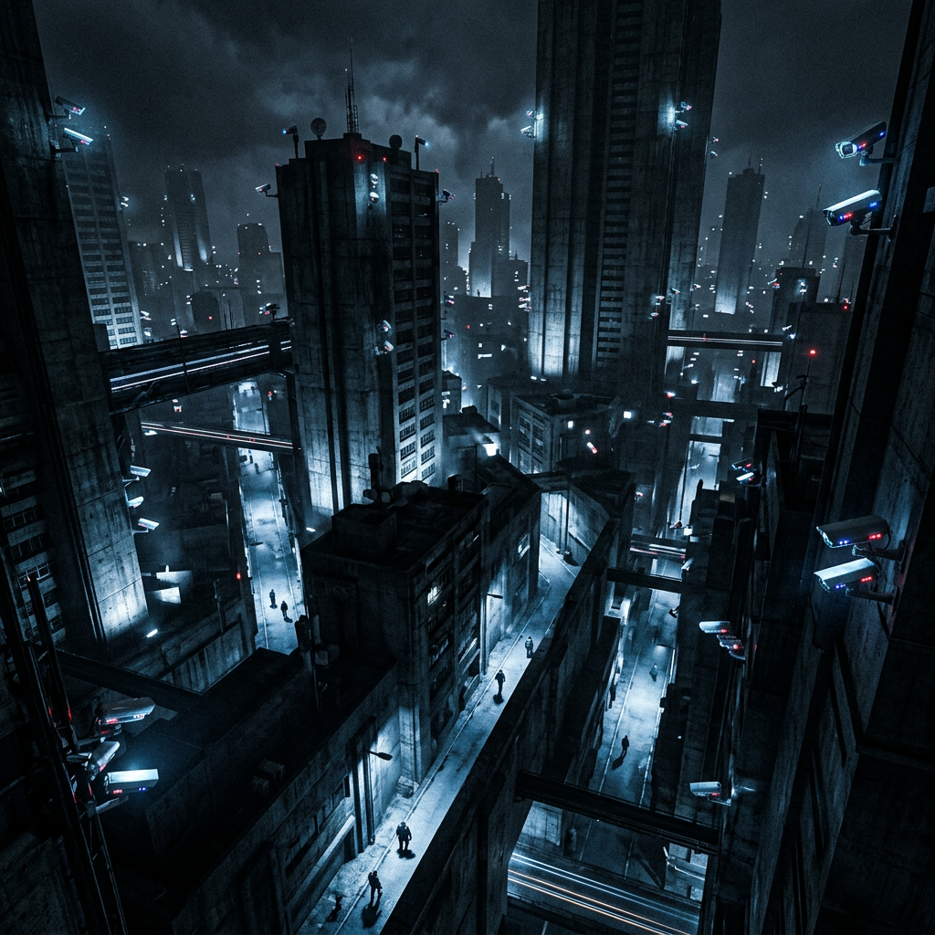 Dark futuristic city with skyscrapers, elevated roads, and surveillance cameras