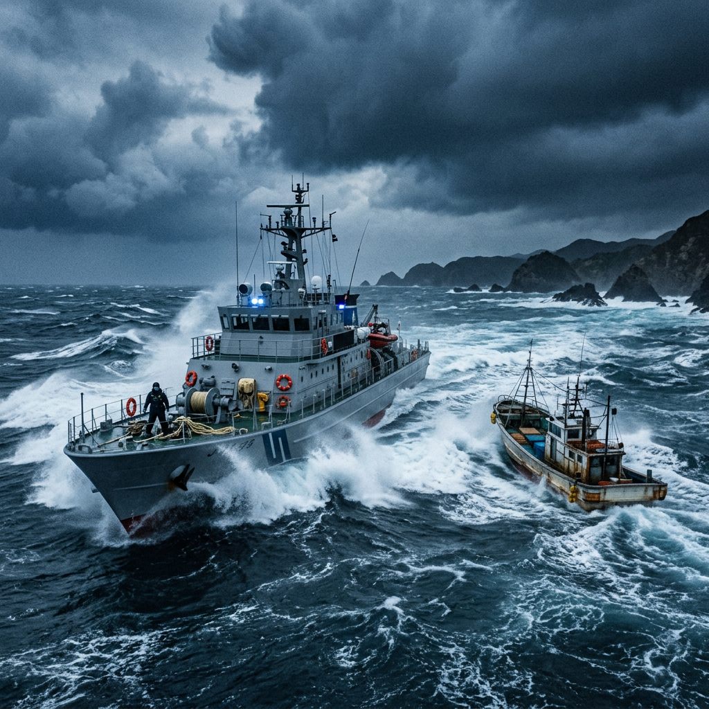 Two fishing vessels navigating rough seas near a rocky coastline under storm clouds